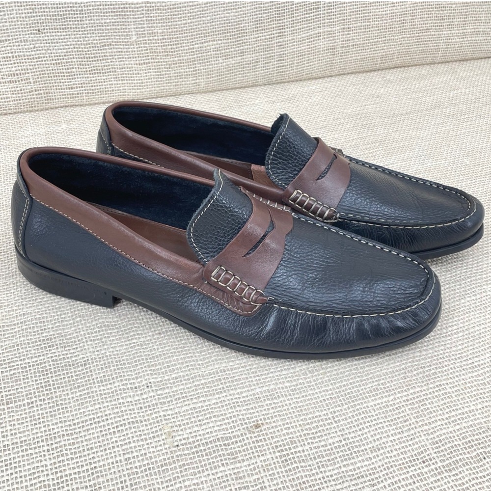 Florsheim Mens Navy Blue Brown Leather Penny Loafers Two Tone Slip On Shoes 10